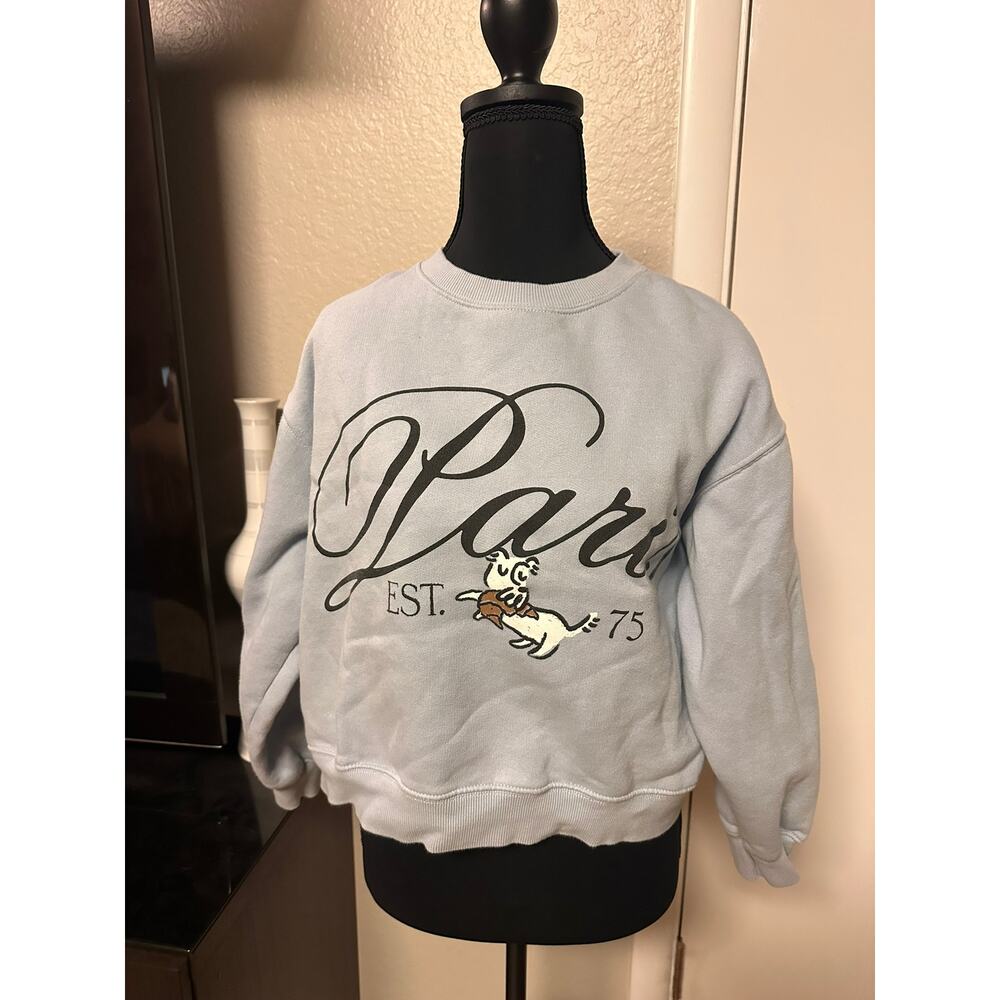 ZARA Graphic Sweatshirt Paris Print Front & Back Light Blue Teen Size 13-14